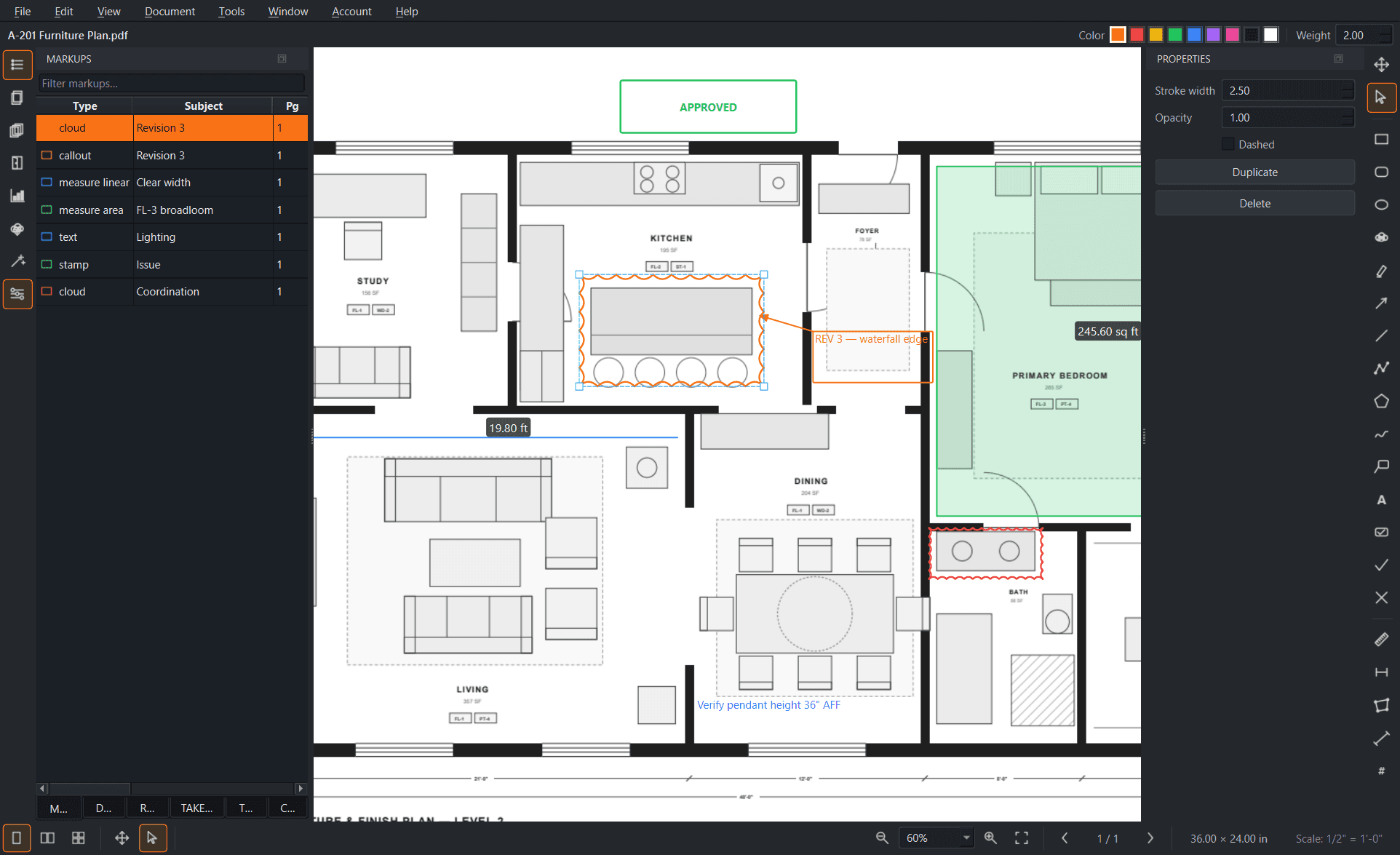 RackStack Blueprint marking up an interior furniture and finish plan — a revision cloud and callout on the kitchen island, a linear measurement across the living room, and a carpet area take-off on the primary bedroom.
